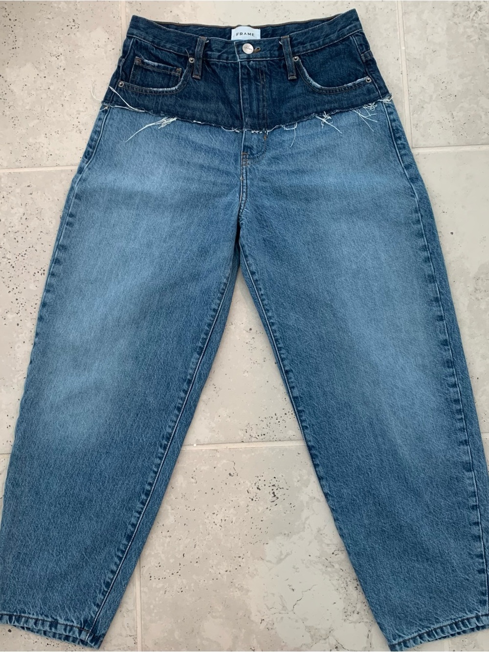 Frame Denim Two-Tone Blue High-Waist Barrel Jeans